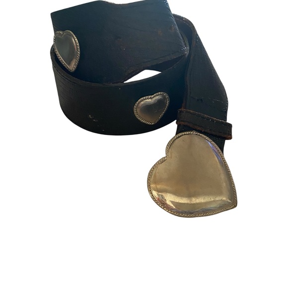 Vintage Black Leather  Belt w/ Silver Heart Buckle w/ heart  studs boho western - Picture 1 of 13
